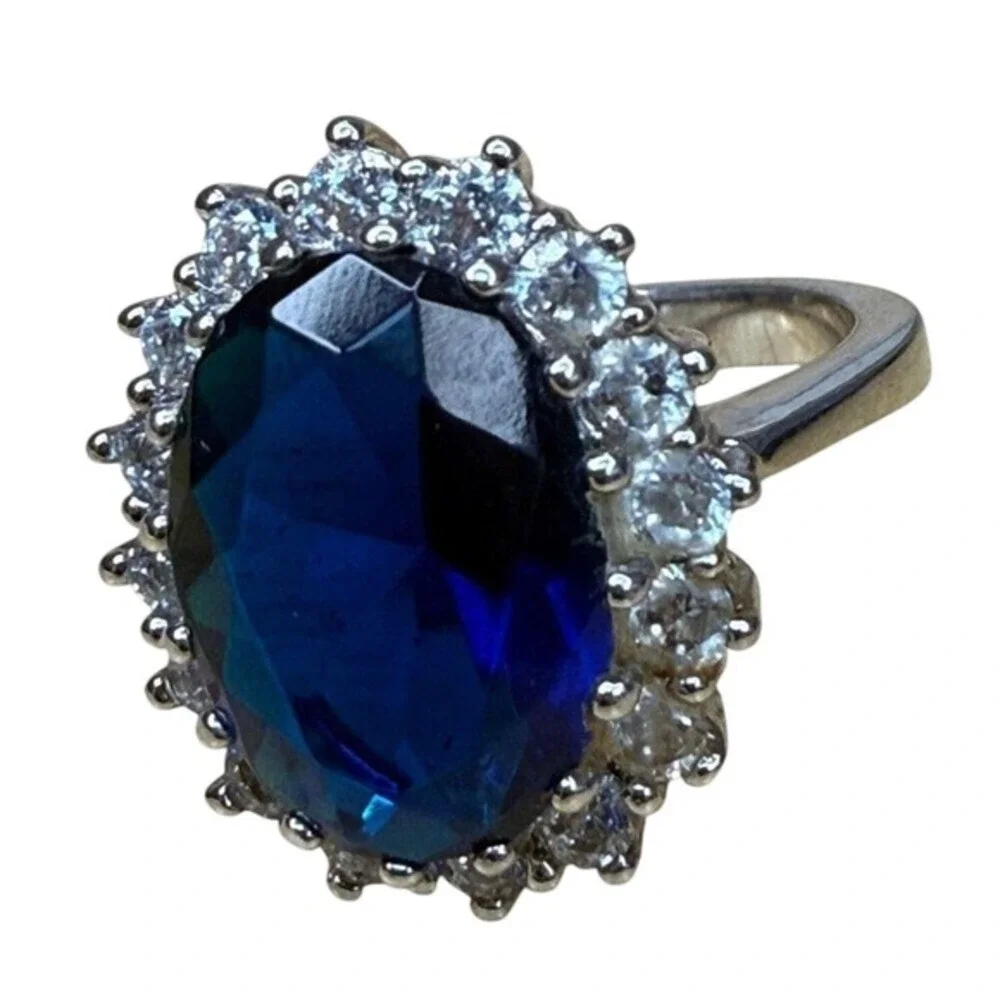 Blue Cocktail Ring Silver Tone Halo Statement Ring Prom Wedding Glam